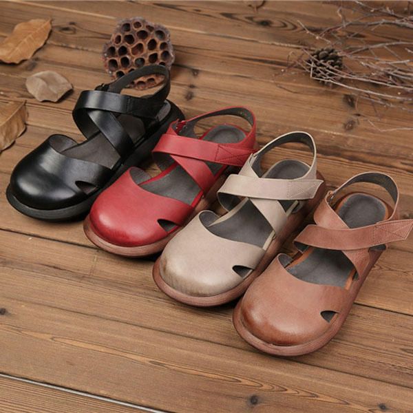 Sandalias Retro De Cuero Hechas A Mano De Color Puro Ahuecadas Para Mujeres