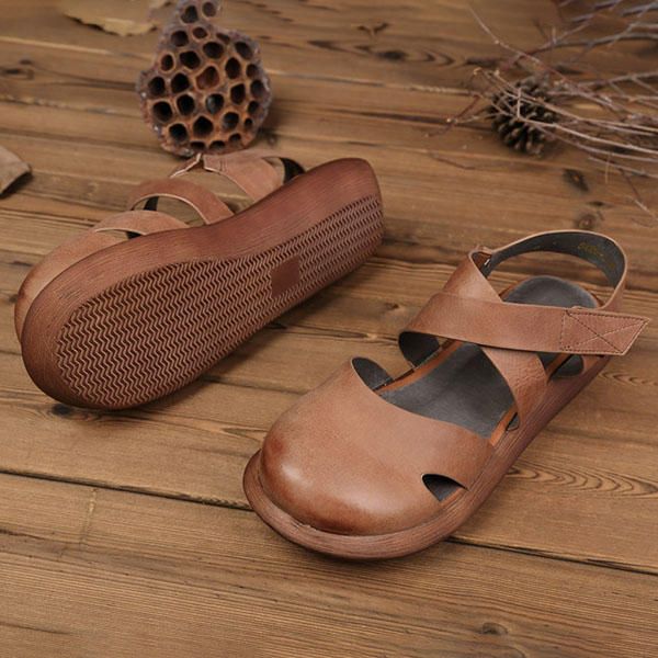 Sandalias Retro De Cuero Hechas A Mano De Color Puro Ahuecadas Para Mujeres