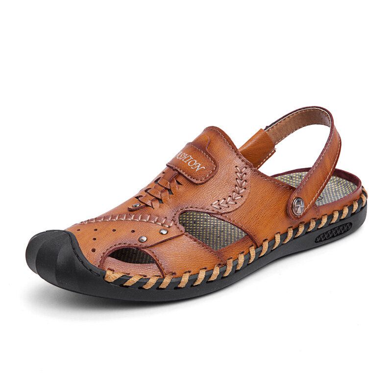 Sandalias De Suela De Costura A Mano De Cuero Genuino Informal Para Hombre