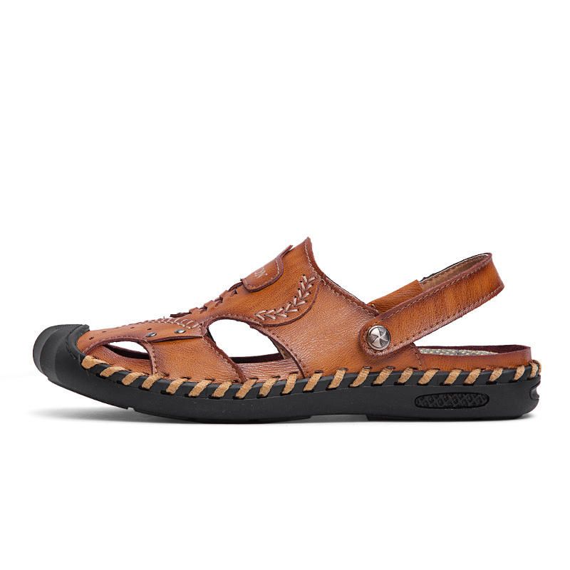 Sandalias De Suela De Costura A Mano De Cuero Genuino Informal Para Hombre