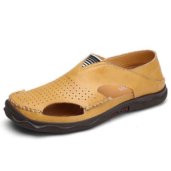 Sandalias De Suela Suave De Cuero Informal Ahuecadas Para Hombre