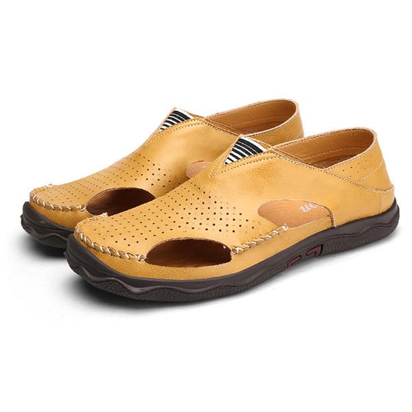 Sandalias De Suela Suave De Cuero Informal Ahuecadas Para Hombre