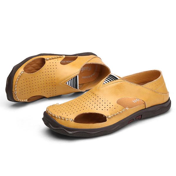 Sandalias De Suela Suave De Cuero Informal Ahuecadas Para Hombre