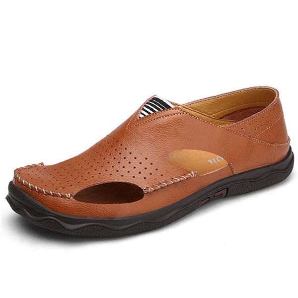 Sandalias De Suela Suave De Cuero Informal Ahuecadas Para Hombre