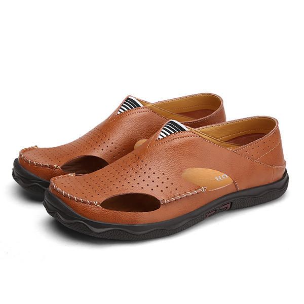 Sandalias De Suela Suave De Cuero Informal Ahuecadas Para Hombre