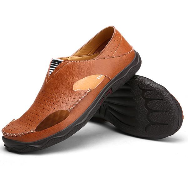 Sandalias De Suela Suave De Cuero Informal Ahuecadas Para Hombre