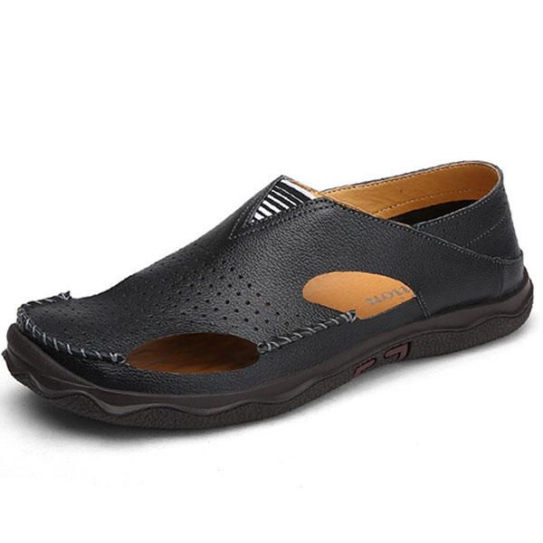 Sandalias De Suela Suave De Cuero Informal Ahuecadas Para Hombre