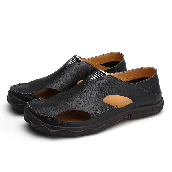 Sandalias De Suela Suave De Cuero Informal Ahuecadas Para Hombre