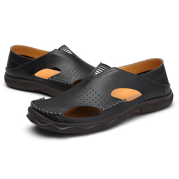 Sandalias De Suela Suave De Cuero Informal Ahuecadas Para Hombre