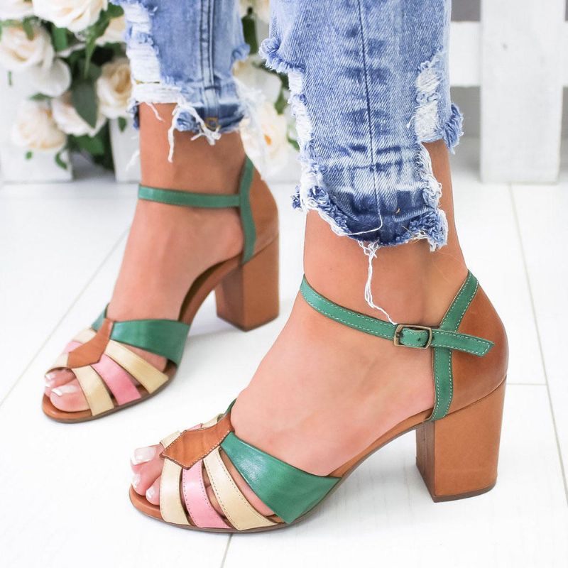 Sandalias De Tacón Ahuecadas Con Patchwork De Color Para Mujer