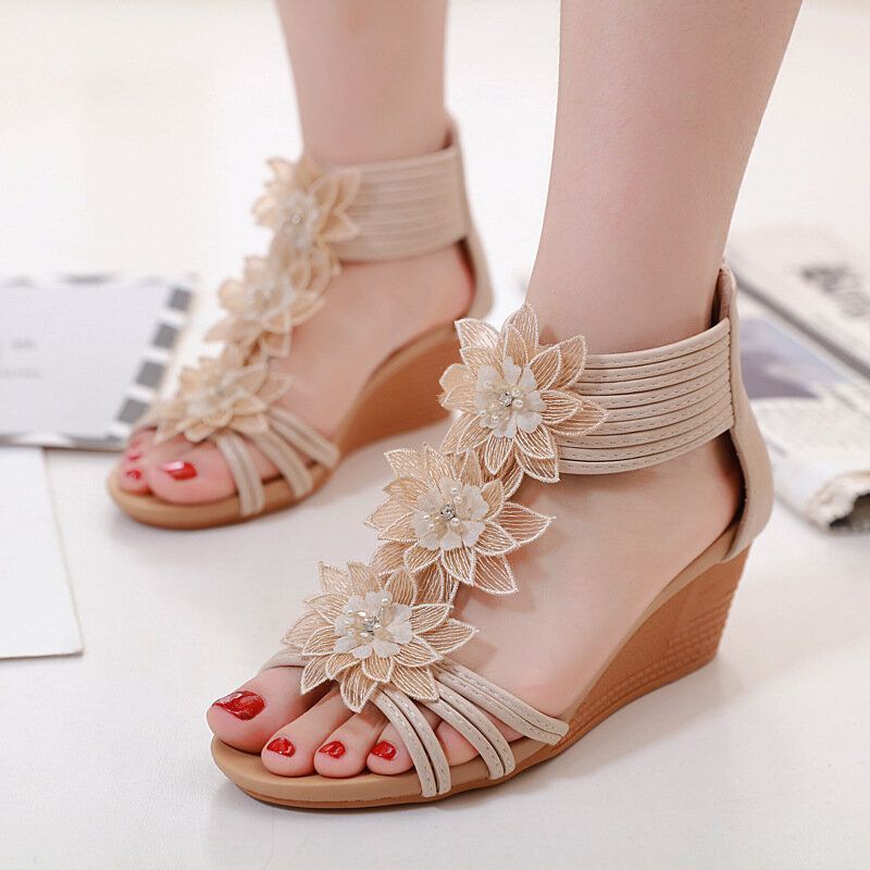 Sandalias De Tacón De Cuña Cómodas Con Decoración De Flores De Estilo Romano Para Mujer