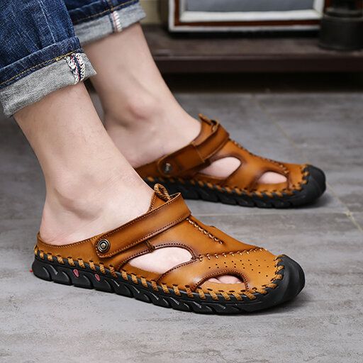 Sandalias De Verano Informales Con Punta Cerrada Y Resbalón Transpirable Con Costura A Mano De Doble Uso Para Hombre