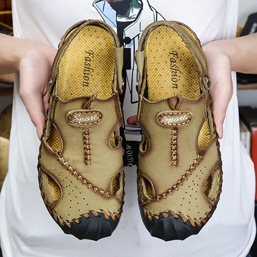 Sandalias De Verano Informales Con Punta Cerrada Y Resbalón Transpirable Con Costura A Mano De Doble Uso Para Hombre