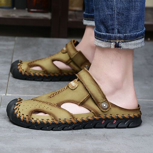 Sandalias De Verano Informales Con Punta Cerrada Y Resbalón Transpirable Con Costura A Mano De Doble Uso Para Hombre