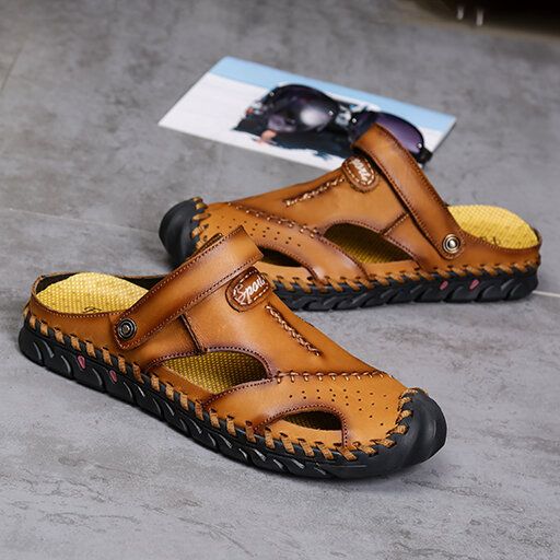 Sandalias De Verano Informales Con Punta Cerrada Y Resbalón Transpirable Con Costura A Mano De Doble Uso Para Hombre