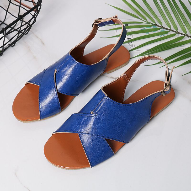 Wome Beach Peep Toe Sandalias Planas Con Hebilla Cruzada