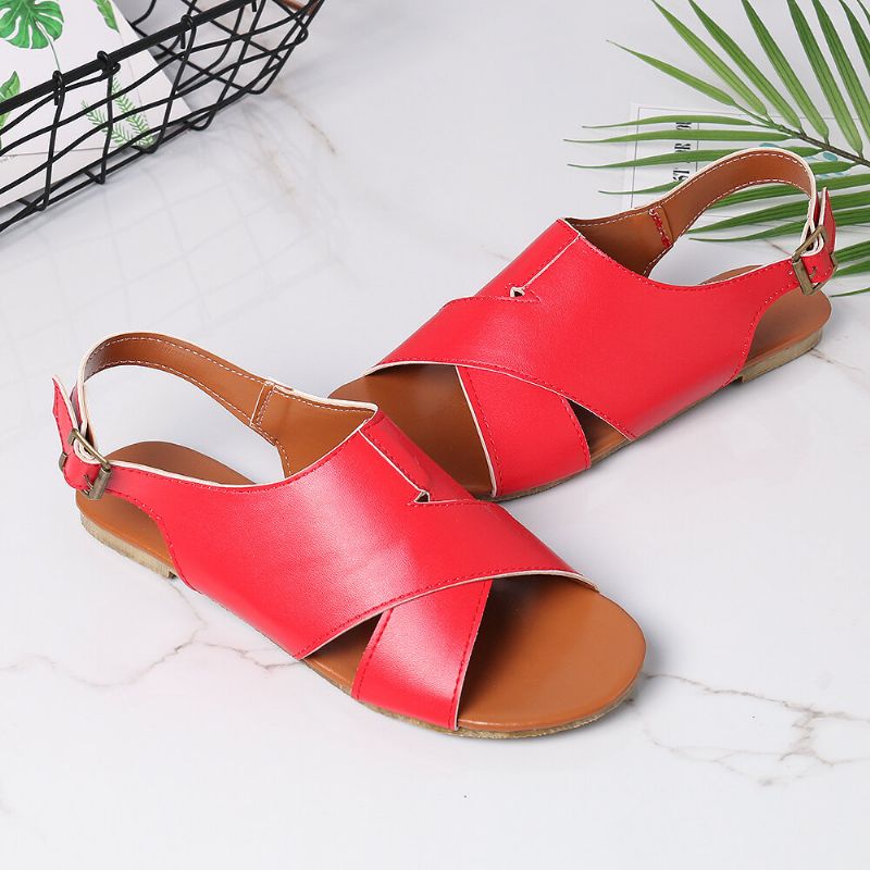 Wome Beach Peep Toe Sandalias Planas Con Hebilla Cruzada