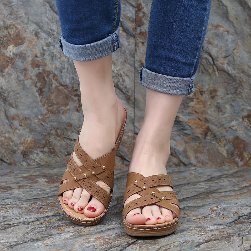 Zapatillas Con Plantilla De Masaje Sandalias De Cuña Cruzada Para Mujer