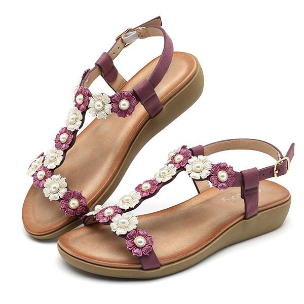 Zapatillas De Playa Con Punta Plana Suave Bohemia De Flores Para Mujer