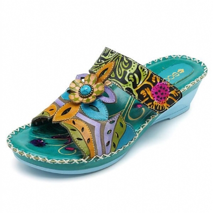 Zapato De Cuero Hecho A Mano Bohemio Para Mujer Sandalias Suaves Con Flores