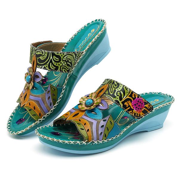 Zapato De Cuero Hecho A Mano Bohemio Para Mujer Sandalias Suaves Con Flores