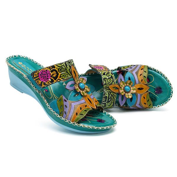 Zapato De Cuero Hecho A Mano Bohemio Para Mujer Sandalias Suaves Con Flores