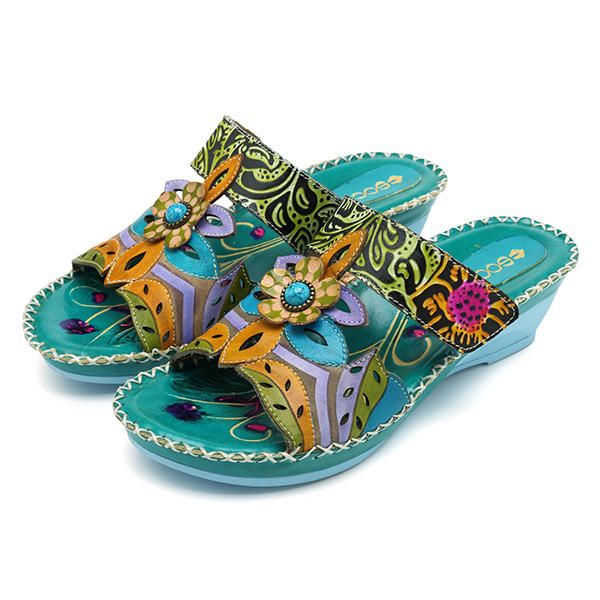 Zapato De Cuero Hecho A Mano Bohemio Para Mujer Sandalias Suaves Con Flores