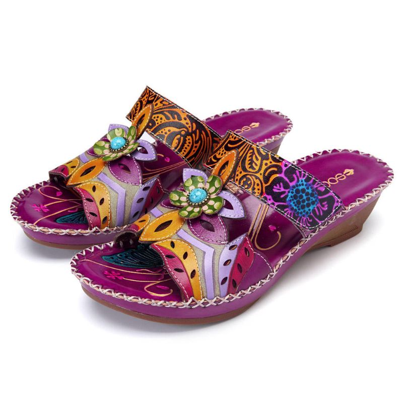 Zapato De Cuero Hecho A Mano Bohemio Para Mujer Sandalias Suaves Con Flores