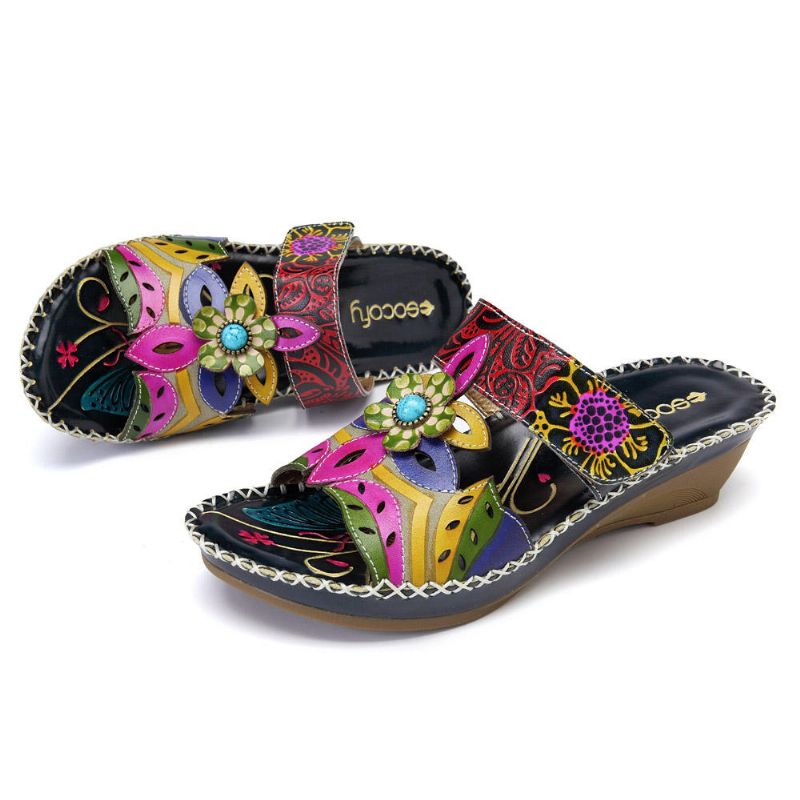 Zapato De Cuero Hecho A Mano Bohemio Para Mujer Sandalias Suaves Con Flores