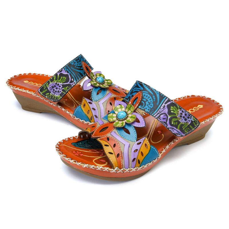 Zapato De Cuero Hecho A Mano Bohemio Para Mujer Sandalias Suaves Con Flores