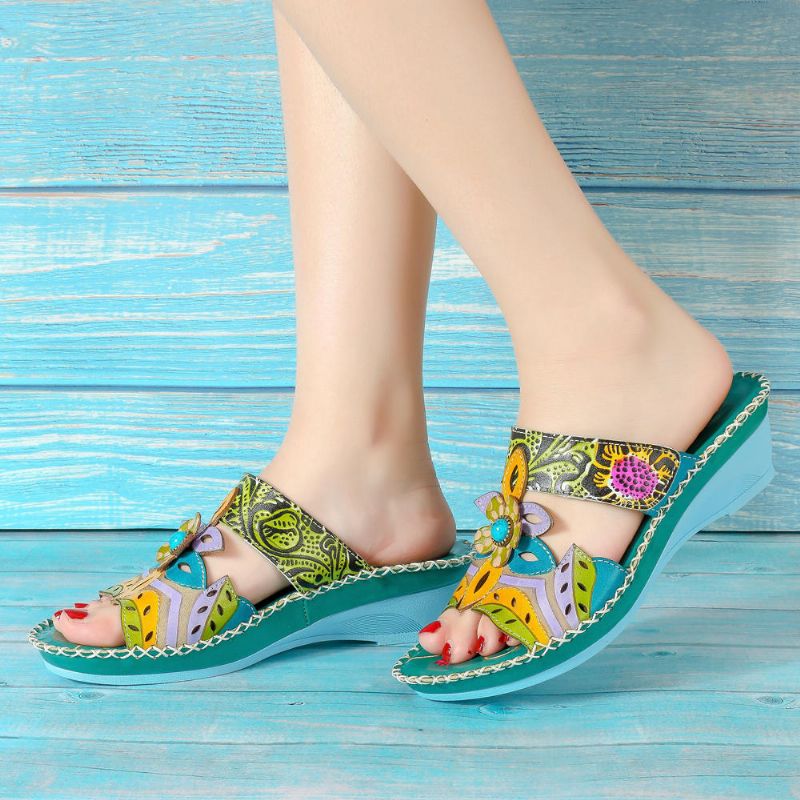 Zapato De Cuero Hecho A Mano Bohemio Para Mujer Sandalias Suaves Con Flores