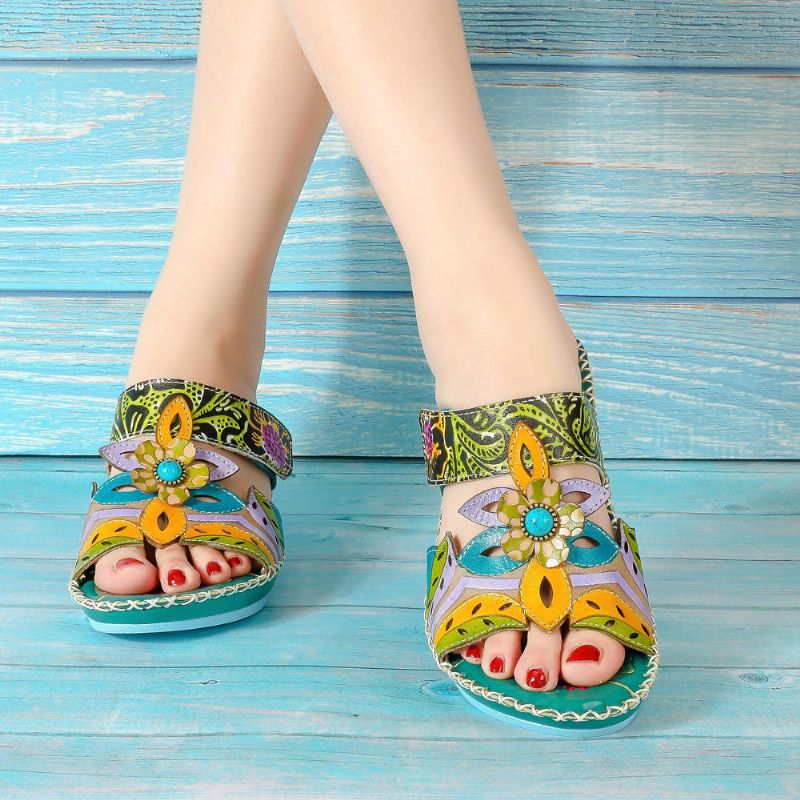 Zapato De Cuero Hecho A Mano Bohemio Para Mujer Sandalias Suaves Con Flores