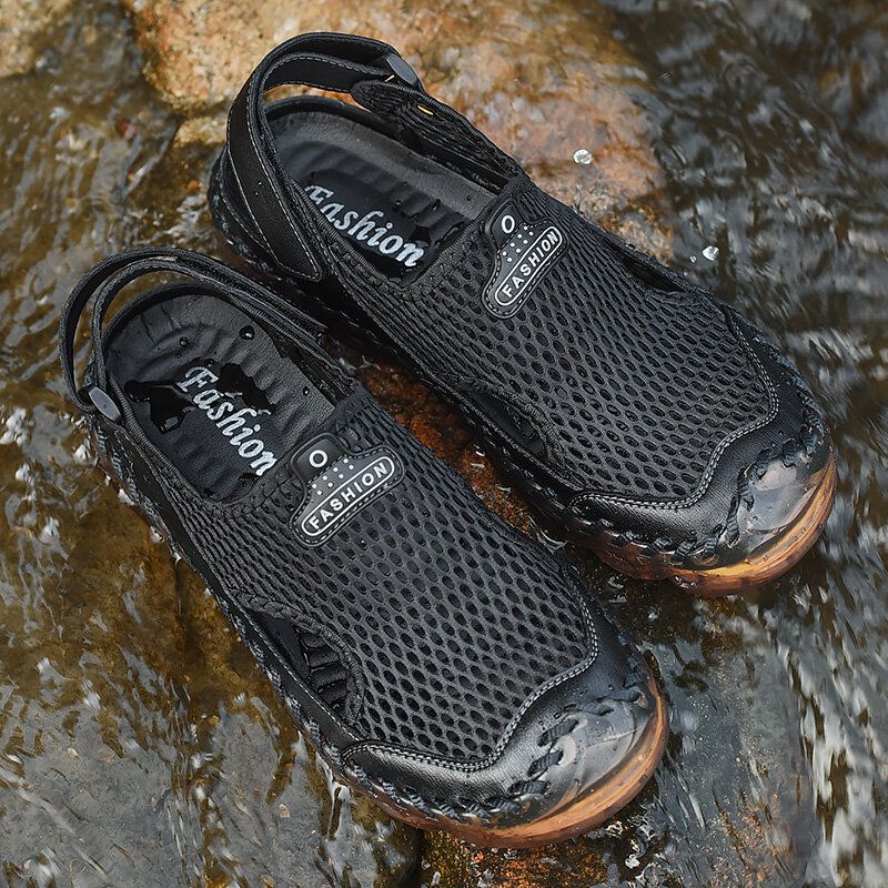 Zapatos De Agua De Punta Cerrada Con Costura A Mano De Malla Al Aire Libre Para Hombres