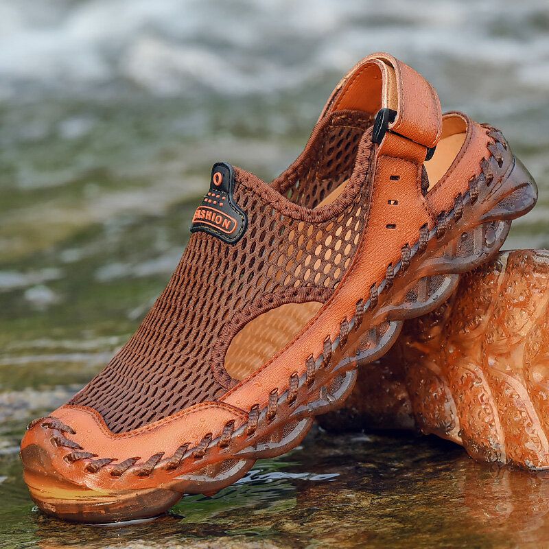 Zapatos De Agua De Punta Cerrada Con Costura A Mano De Malla Al Aire Libre Para Hombres