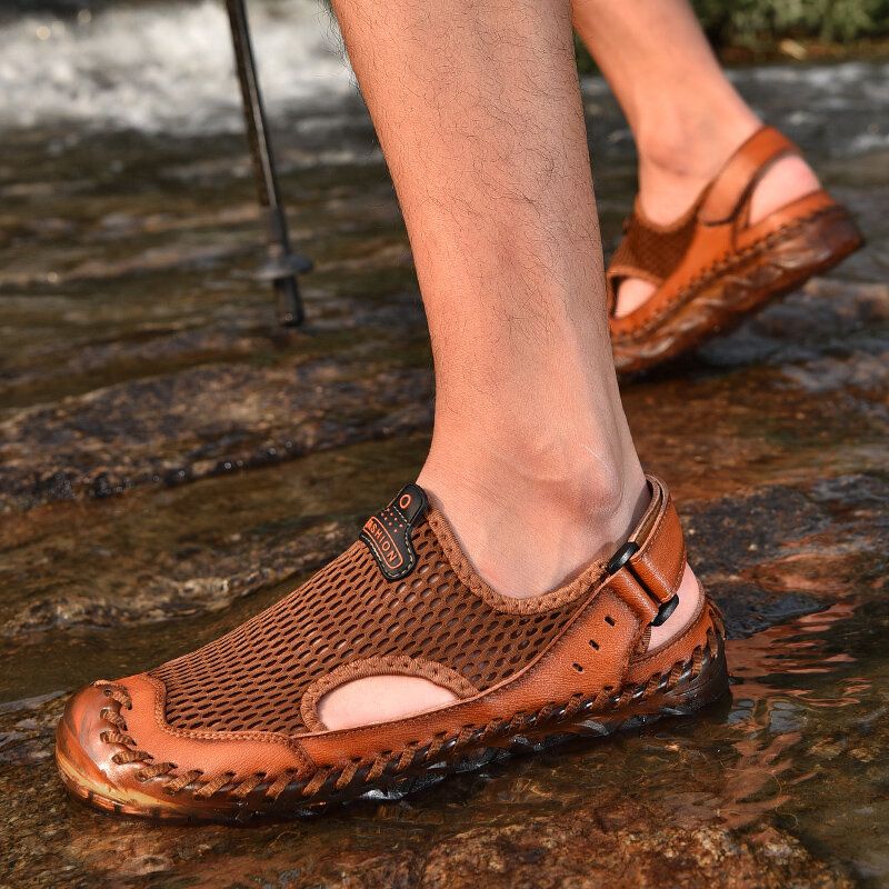 Zapatos De Agua De Punta Cerrada Con Costura A Mano De Malla Al Aire Libre Para Hombres