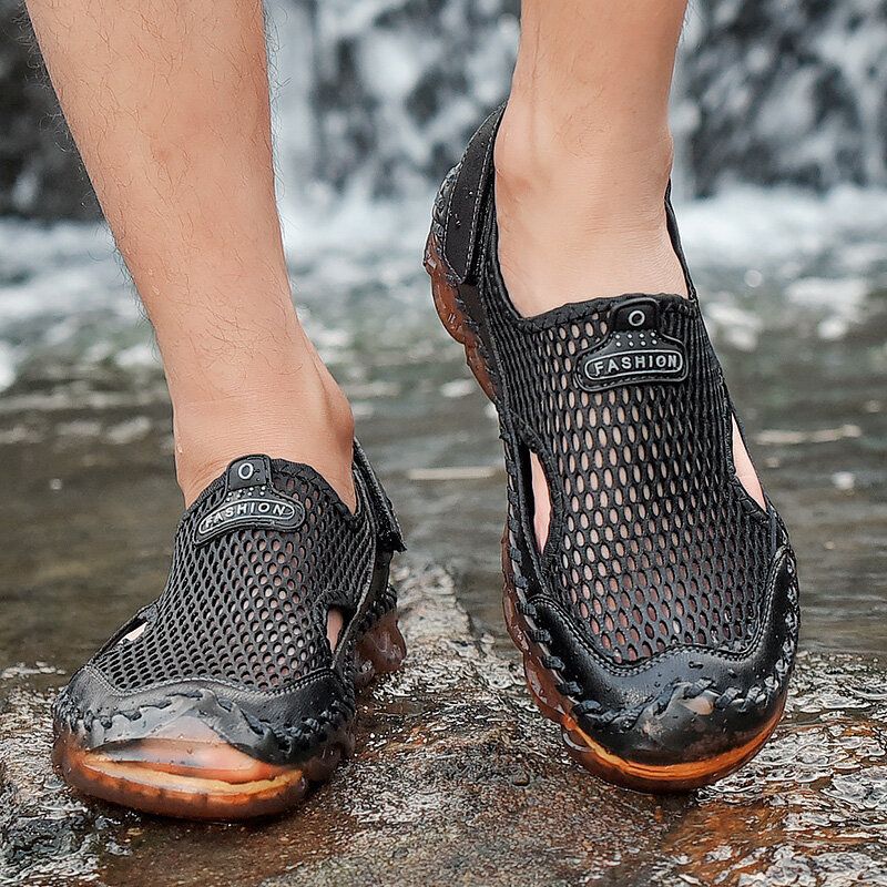 Zapatos De Agua De Punta Cerrada Con Costura A Mano De Malla Al Aire Libre Para Hombres