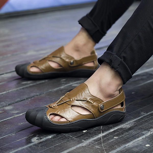 Zapatos Cómodos De Sandalias De Cuero Genuino Con Punta Anticolisión Para Hombres