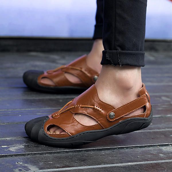 Zapatos Cómodos De Sandalias De Cuero Genuino Con Punta Anticolisión Para Hombres