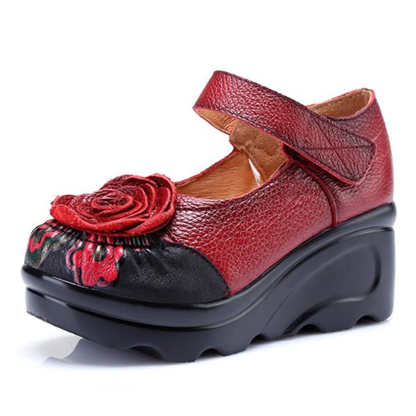 Zapatos De Flor De Cuero Retro Casuales De Cuña Para Mujer