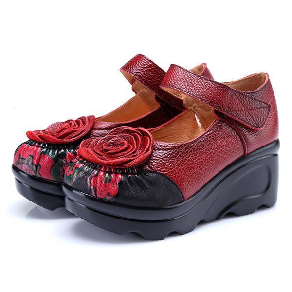 Zapatos De Flor De Cuero Retro Casuales De Cuña Para Mujer