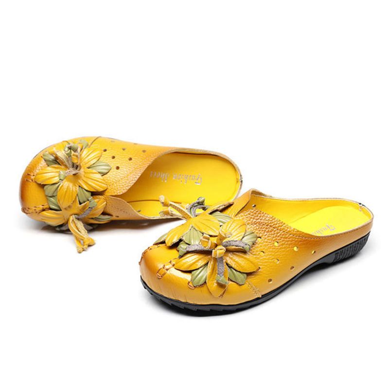 Zapatos De Mujer Sandalias Planas Suaves Con Flores De Cuero Genuino