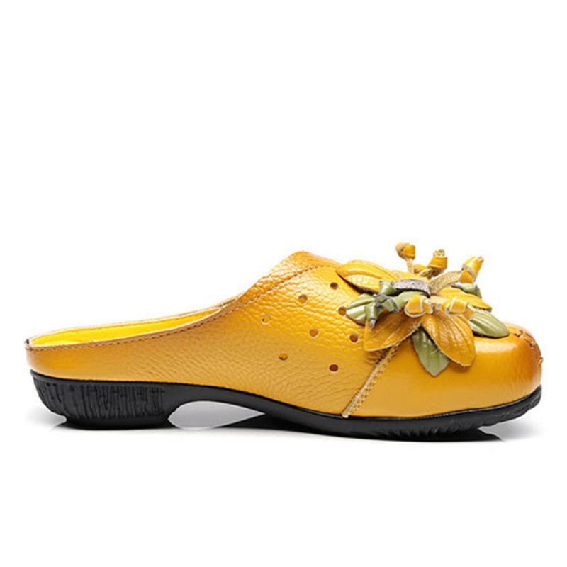 Zapatos De Mujer Sandalias Planas Suaves Con Flores De Cuero Genuino