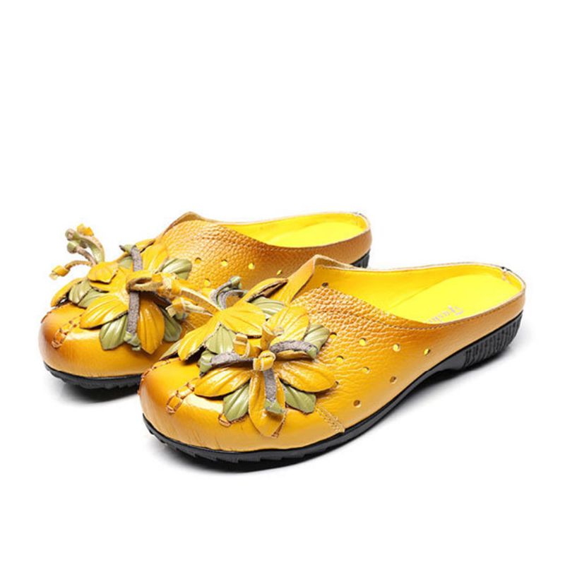 Zapatos De Mujer Sandalias Planas Suaves Con Flores De Cuero Genuino