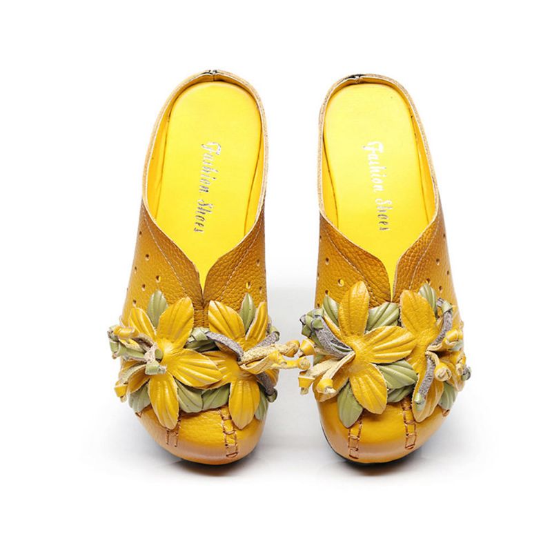 Zapatos De Mujer Sandalias Planas Suaves Con Flores De Cuero Genuino