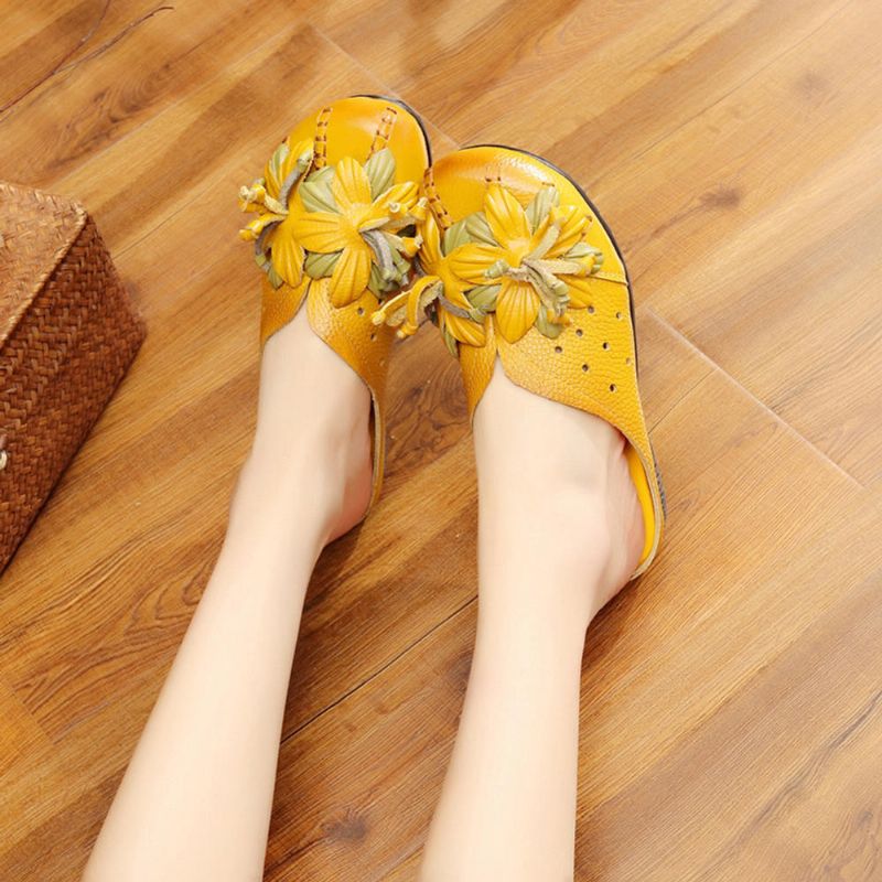 Zapatos De Mujer Sandalias Planas Suaves Con Flores De Cuero Genuino