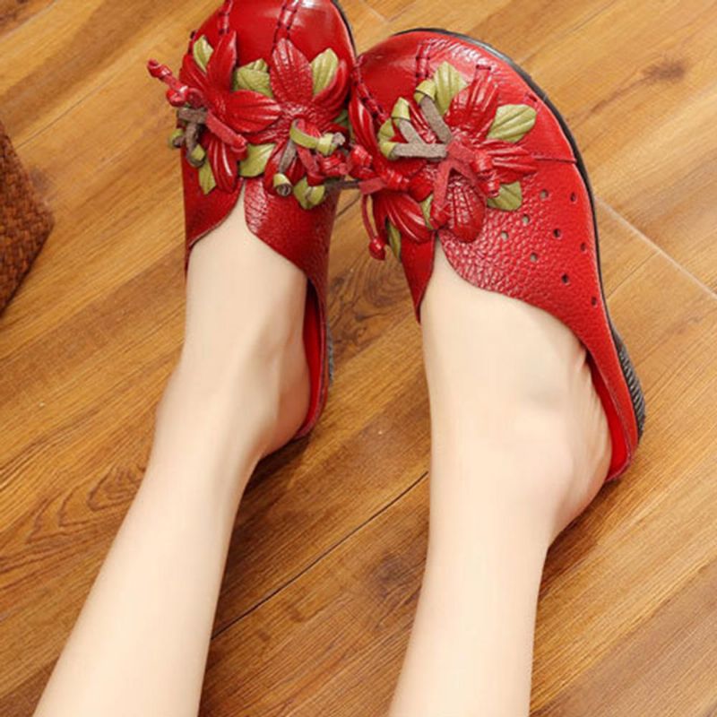 Zapatos De Mujer Sandalias Planas Suaves Con Flores De Cuero Genuino