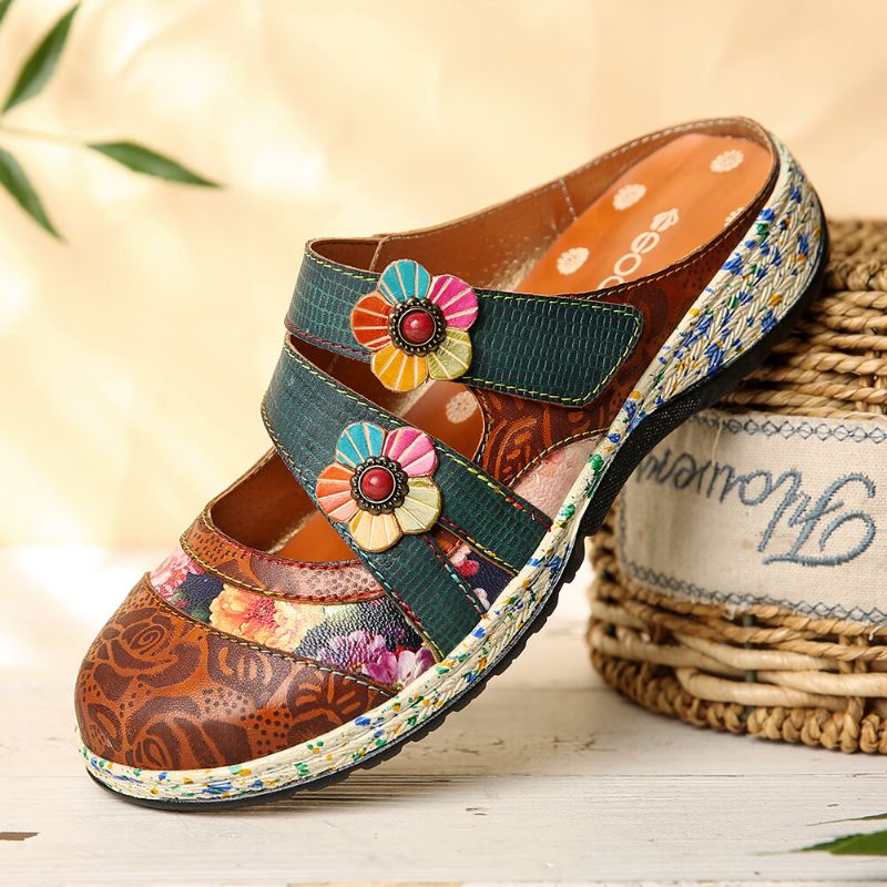 Zapatos Planos Con Correa De Bucle De Gancho Floral De Cuero Hecho A Mano Vintage