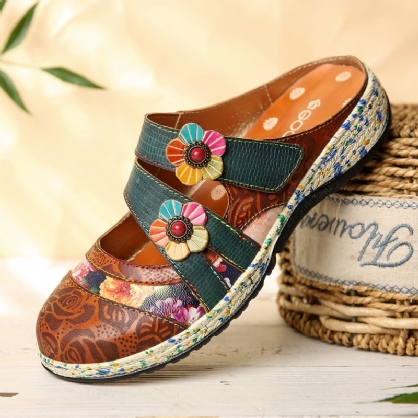 Zapatos Planos Con Correa De Bucle De Gancho Floral De Cuero Hecho A Mano Vintage