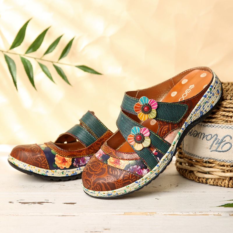 Zapatos Planos Con Correa De Bucle De Gancho Floral De Cuero Hecho A Mano Vintage