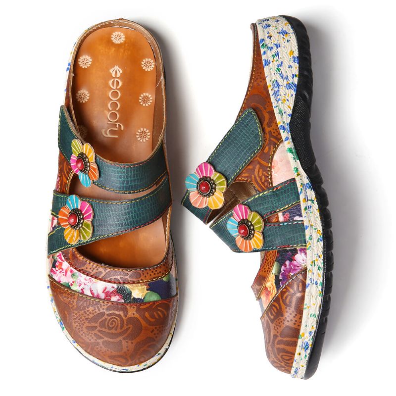 Zapatos Planos Con Correa De Bucle De Gancho Floral De Cuero Hecho A Mano Vintage